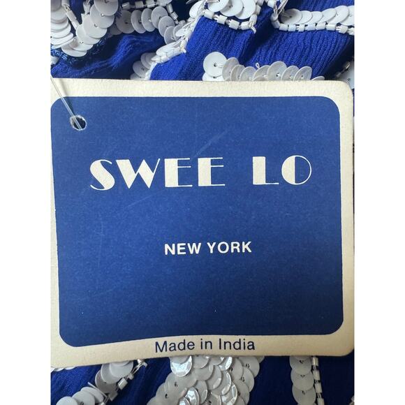 Vintage Swee Lo | Blue + White Sequin Silk Cocktail Dress | Size Small - Picture 5 of 6